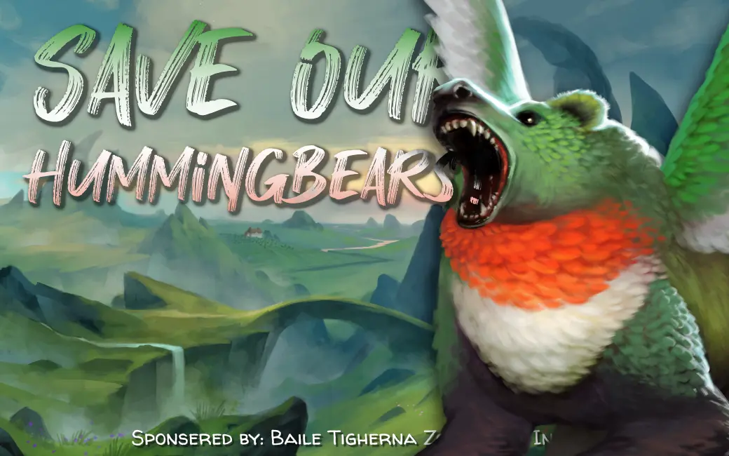 Save the Hummingbears! text being eaten by a large Hummingbear