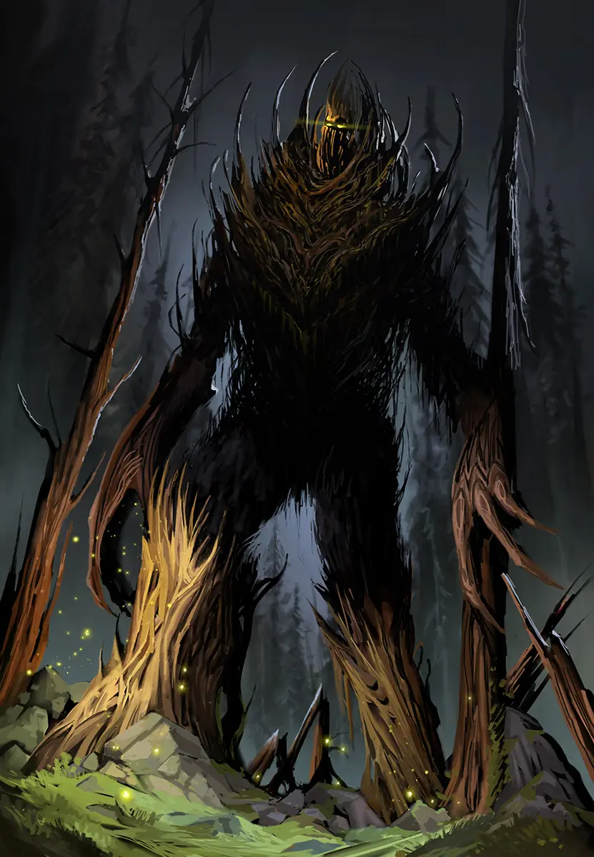 Giant bark filled creature stomping through the woods surrounded by fireflies.