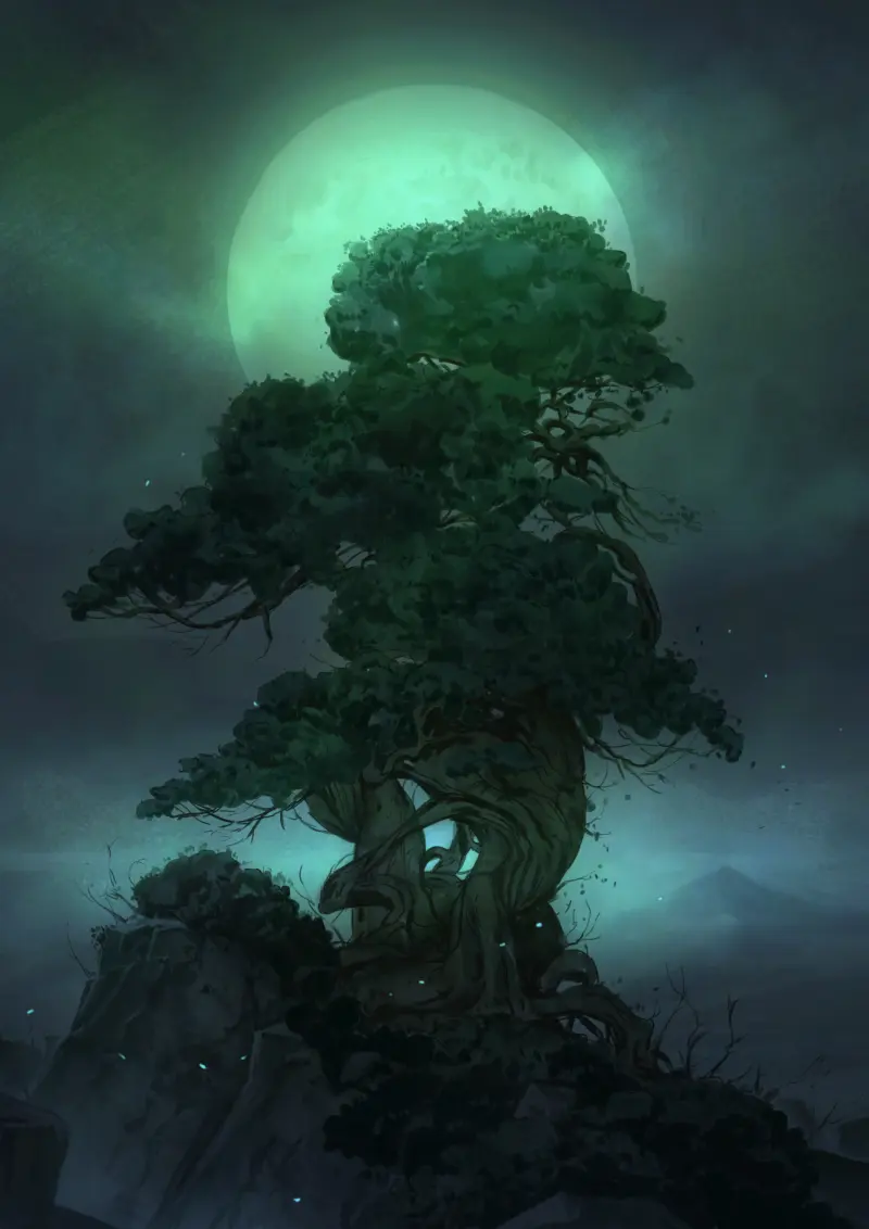 Large tree growing out of rock under the moonlight
